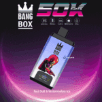 Bang Box disposable vape with a Mars Attacks-style alien graphic, labeled as Red Bull & Watermelon Ice flavor, highlighting features like mesh coil, 850 mAh battery, Type-C charging, 50,000 puffs, and 22 ml capacity, against a neon gradient background.
