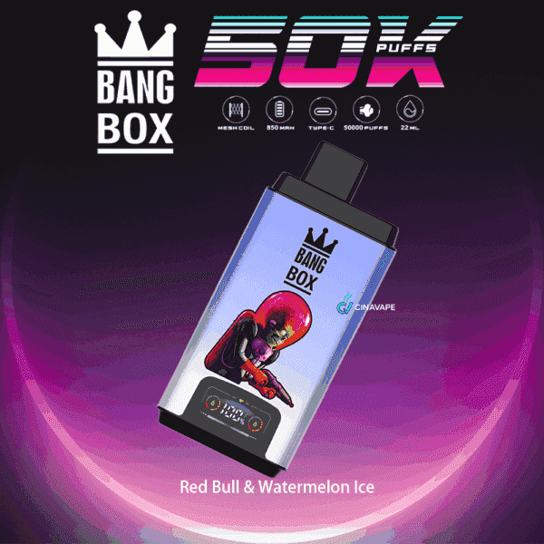 Bang Box disposable vape with a Mars Attacks-style alien graphic, labeled as Red Bull & Watermelon Ice flavor, highlighting features like mesh coil, 850 mAh battery, Type-C charging, 50,000 puffs, and 22 ml capacity, against a neon gradient background.
