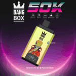 Bang Box disposable vape device featuring a cartoon alien in a red cape on the front, with branding and specifications like 50,000 puffs, mesh coil, 850 mAh battery, type-C charging, 22ml capacity, and labeled flavor 'Strawberry Ice & Passion Fruit' against a purple gradient background.
