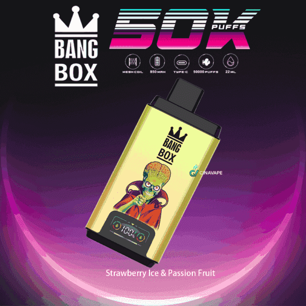 Bang Box disposable vape device featuring a cartoon alien in a red cape on the front, with branding and specifications like 50,000 puffs, mesh coil, 850 mAh battery, type-C charging, 22ml capacity, and labeled flavor 'Strawberry Ice & Passion Fruit' against a purple gradient background.