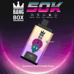 Bang Box disposable vape device with colorful packaging, featuring a cartoon alien head illustration, flavors listed as Strawberry Kiwi & Double Grape, and specifications highlighting 50,000 puffs, mesh coil, 850 mAh battery, Type-C charging, and 22 ml capacity.
