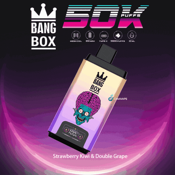 Bang Box disposable vape device with colorful packaging, featuring a cartoon alien head illustration, flavors listed as Strawberry Kiwi & Double Grape, and specifications highlighting 50,000 puffs, mesh coil, 850 mAh battery, Type-C charging, and 22 ml capacity.