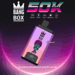 Bang Box vape device with a colorful gradient design, illustrated green alien face, and text advertising 50,000 puffs and Strawberry Raspberry Candy & Love 66 flavors.