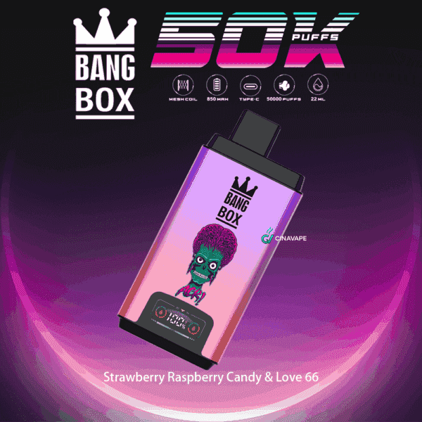 Bang Box vape device with a colorful gradient design, illustrated green alien face, and text advertising 50,000 puffs and Strawberry Raspberry Candy & Love 66 flavors.