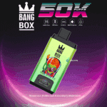 Brightly styled Bang Box vape device featuring a colorful skull illustration, displayed with product branding and specs highlighting 50,000 puffs, mesh coil, Type-C charging, 850 mAh battery, and 22ml capacity, with the flavors Watermelon Bubble Gum and Strawberry Watermelon mentioned.