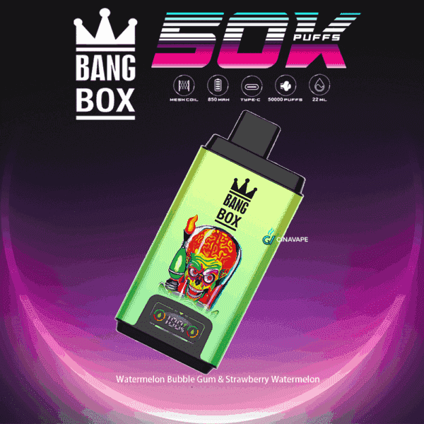 Brightly styled Bang Box vape device featuring a colorful skull illustration, displayed with product branding and specs highlighting 50,000 puffs, mesh coil, Type-C charging, 850 mAh battery, and 22ml capacity, with the flavors Watermelon Bubble Gum and Strawberry Watermelon mentioned.