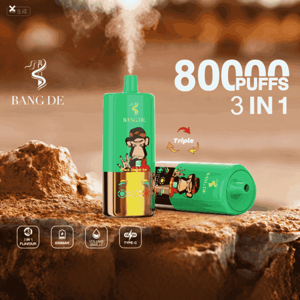 Two green Bang De disposable vape devices with a cartoon monkey design, one standing upright emitting vapor and the other lying down, set on a rocky surface with text highlighting features like 80,000 puffs, 3-in-1 flavor options, and 650mAh battery.
