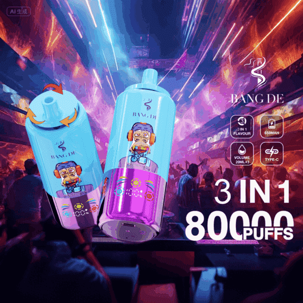 Promotional image for BANG DE electronic vape with LED display, featuring 3-in-1 flavors, 650mAh battery, 20ml capacity, and 80,000 puffs, shown in a vibrant nightclub setting.