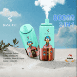 Two colorful BANG DE disposable vape devices with a cartoon character and blue accents, displayed on sand with plants, clouds, and text highlighting 80,000 puffs and 3-in-1 features.