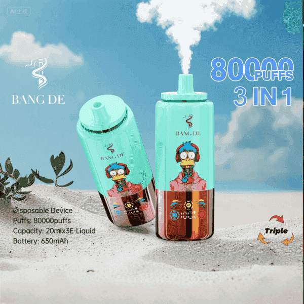 Two colorful BANG DE disposable vape devices with a cartoon character and blue accents, displayed on sand with plants, clouds, and text highlighting 80,000 puffs and 3-in-1 features.