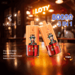 Two orange and red BANG DE disposable vape devices with a cartoon monkey wearing sunglasses, displayed on a bar table with neon lights and text highlighting 80,000 puffs and 3 in 1 feature.