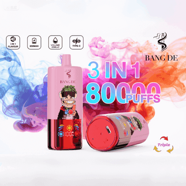Colorful vape device labeled 'BANG DE' with a cartoon character design, boasting '3 in 1 flavour,' '8000 puffs,' and '650mAh' battery, surrounded by vibrant smoke in blue, pink, and orange hues.
