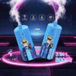Two blue Bang De disposable vapes with cartoon monkey graphics, emitting vapor, surrounded by neon lights, promoting 3-in-1 flavors, 650mAh battery, 20ml×3 volume, and type-C charging with '80,000 puffs' text.