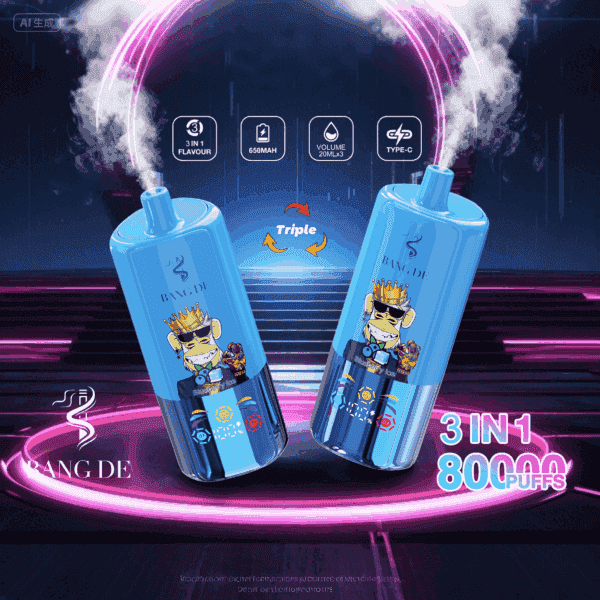 Two blue Bang De disposable vapes with cartoon monkey graphics, emitting vapor, surrounded by neon lights, promoting 3-in-1 flavors, 650mAh battery, 20ml×3 volume, and type-C charging with '80,000 puffs' text.