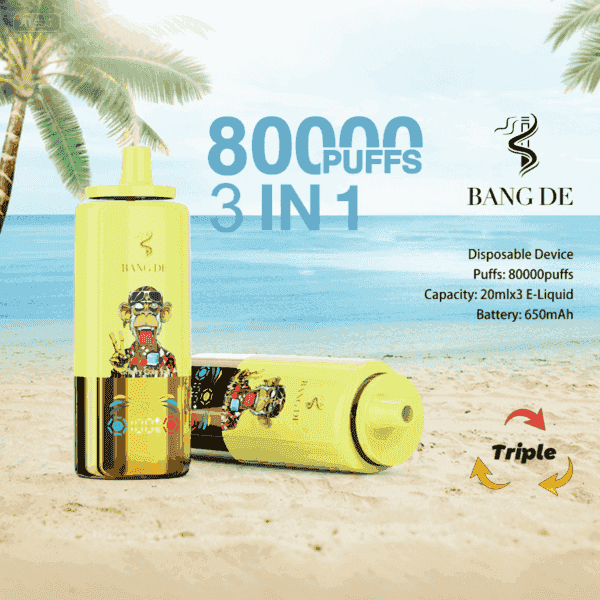 Two yellow Bang De disposable vape devices featuring a cartoon monkey, set on a tropical beach with palm trees and ocean in the background, promoting 80,000 puffs and triple flavor capability.