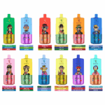 Twelve colorful Bang DE vape devices, each featuring vibrant cartoon monkeys and distinct color schemes, arranged in two rows with corresponding flavor labels below each device.