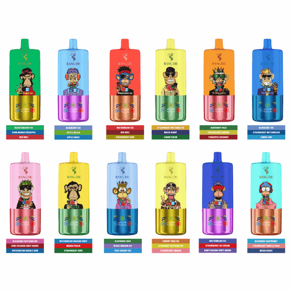 Twelve colorful Bang DE vape devices, each featuring vibrant cartoon monkeys and distinct color schemes, arranged in two rows with corresponding flavor labels below each device.