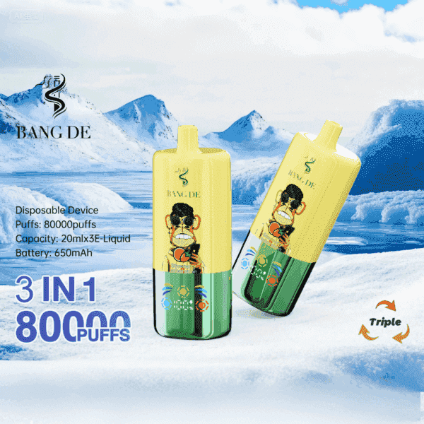 Two Bang De disposable vape devices with cartoon monkey illustrations and a yellow-green design are displayed on a snowy, icy landscape, along with product specifications and bold text highlighting '3 in 1' and '80,000 puffs'.