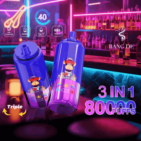 Two brightly colored BANG DE 3-in-1 disposable vape devices with cartoon monkey graphics are displayed in a neon-lit bar setting with bottles and glasses on the counter.