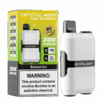 Embalagem e dispositivo de vape descartável Crystal Mary Space Rocket 20K no sabor Banana Ice, com aviso de nicotina proeminente e detalhes de design como reivindicação de 20.000 baforadas e informações do indicador de bateria.