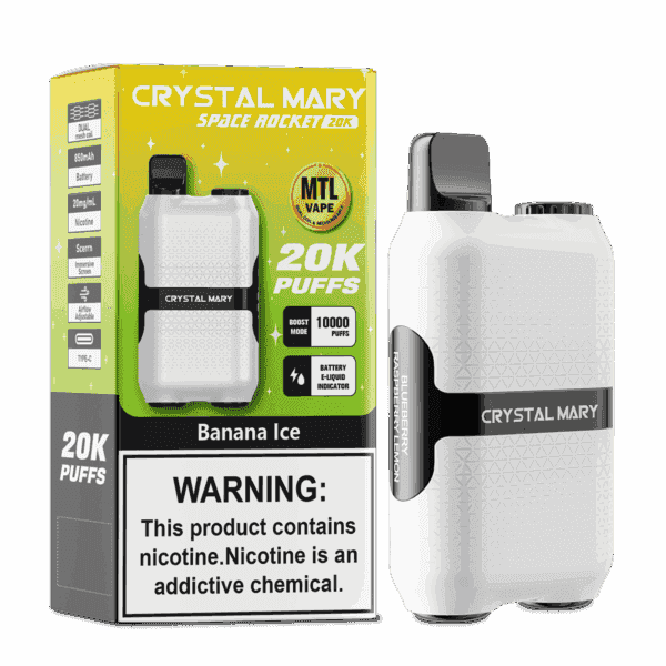 Embalagem e dispositivo de vape descartável Crystal Mary Space Rocket 20K no sabor Banana Ice, com aviso de nicotina proeminente e detalhes de design como reivindicação de 20.000 baforadas e informações do indicador de bateria.