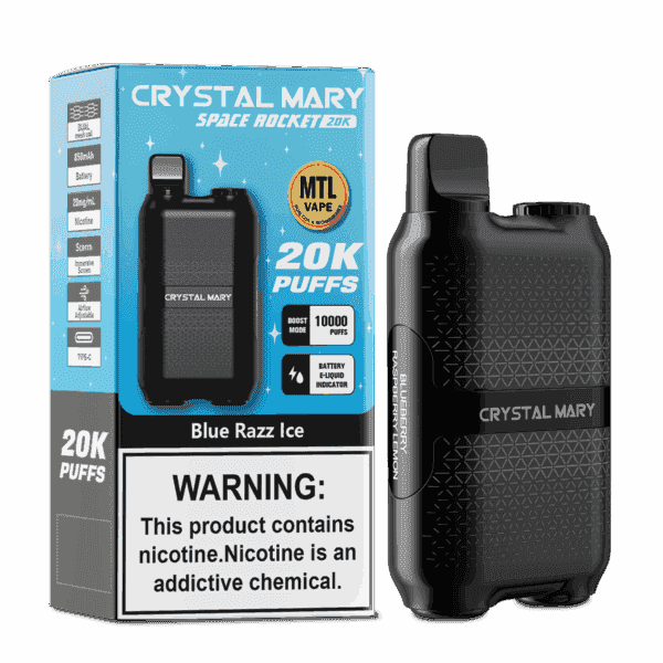 Dispositivo vape descartável Crystal Mary Space Rocket 20K e embalagem com sabor Blue Razz Ice, destacando 20.000 baforadas, etiqueta de advertência de conteúdo de nicotina e detalhes do produto em uma caixa azul e preta.