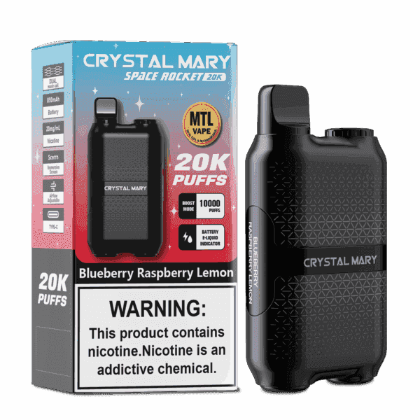 Embalagem e dispositivo de vaporizador descartável Crystal Mary Space Rocket 20K em sabor de mirtilo, framboesa e limão, com design texturizado preto e etiqueta de advertência de nicotina proeminente.