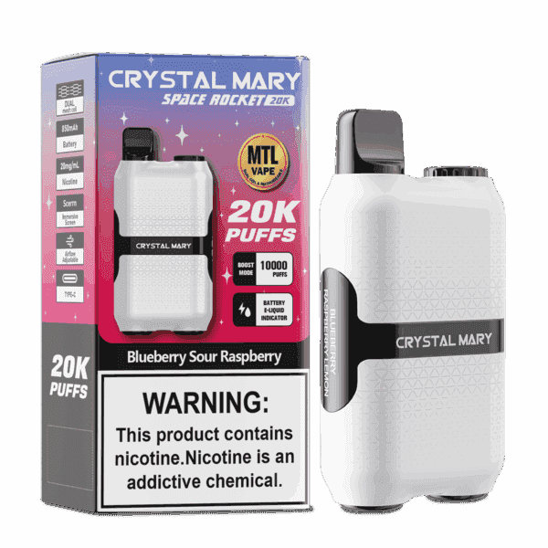 Caixa e dispositivo vape descartável Crystal Mary Space Rocket 20K no sabor Blueberry Sour Raspberry, com 20.000 baforadas, etiqueta de advertência de nicotina e características do produto destacadas na embalagem.