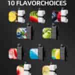 Uma exibição de dez dispositivos vaporizadores em preto ou branco, cada um combinado com uma imagem de fruta e sabor rotulado, incluindo Gelo de Abacaxi, Kiwi Morango, Framboesa Azeda de Mirtilo, Limão Framboesa de Mirtilo, Goiaba Paixão Kiwi, Gelo de Melancia, Gelo Razz Azul, Skittles, Gelo de Pêssego e Gelo de Banana, contra um fundo escuro com o título '10 Opções de Sabor'.'
