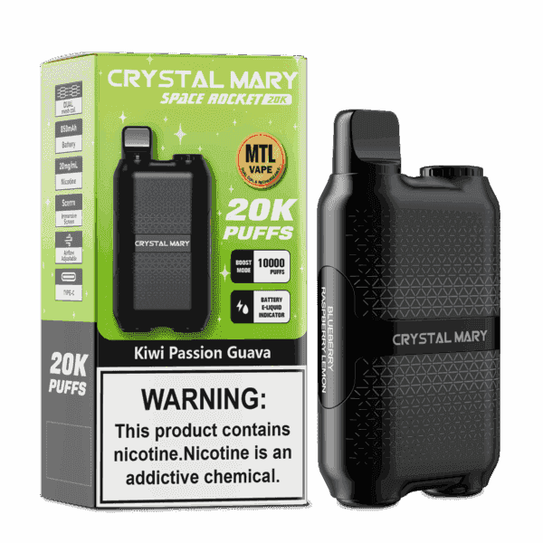 Embalagem e dispositivo de vaporizador Crystal Mary Space Rocket 20K, com texto de cerca de 20.000 baforadas e um rótulo de advertência de nicotina; a embalagem indica sabor de kiwi, paixão e goiaba, enquanto o dispositivo mostrado é rotulado como sabor de mirtilo, framboesa, limão.
