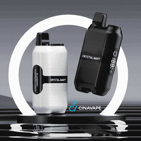 Dois dispositivos vape modernos e retangulares rotulados como 'CRYSTAL MARY' nas cores preto e branco, exibidos em um suporte circular com um anel branco iluminado e o texto 'CINAVAPE' abaixo.