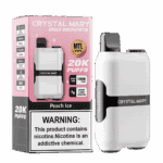 Dispositivo vape descartável Crystal Mary Space Rocket 20K em branco, exibido ao lado de sua embalagem rosa, com sabor 'Peach Ice', capacidade para 20.000 baforadas e um rótulo de advertência de nicotina.
