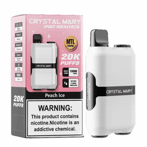 Dispositivo vape descartável Crystal Mary Space Rocket 20K em branco, exibido ao lado de sua embalagem rosa, com sabor 'Peach Ice', capacidade para 20.000 baforadas e um rótulo de advertência de nicotina.
