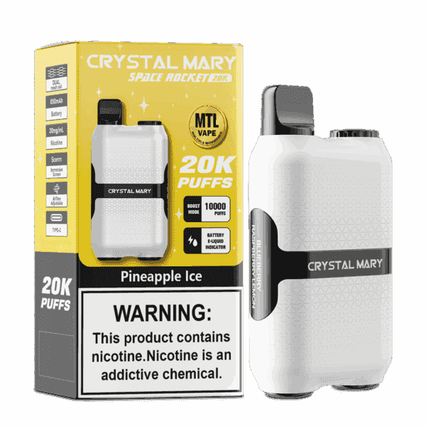 Caixa e dispositivo vape descartável Crystal Mary Space Rocket 20K no sabor abacaxi Ice, com aviso ousado de nicotina e destaques do produto, como 20.000 baforadas, bobina de malha e bateria recarregável.