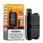 Embalagem e dispositivo de vaporizador descartável Crystal Mary Space Rocket 20K em preto, com etiqueta de advertência proeminente sobre nicotina, detalhes do produto como capacidade para 20.000 baforadas, vaporizador MTL e indicação de sabor Skittles.