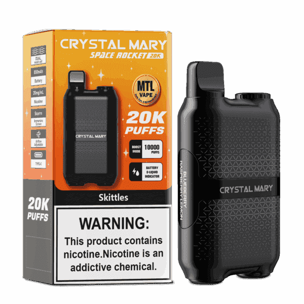 Embalagem e dispositivo de vaporizador descartável Crystal Mary Space Rocket 20K em preto, com etiqueta de advertência proeminente sobre nicotina, detalhes do produto como capacidade para 20.000 baforadas, vaporizador MTL e indicação de sabor Skittles.