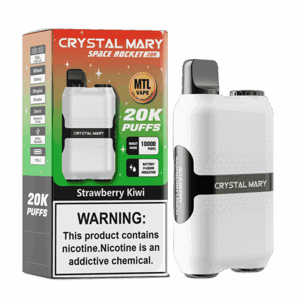 Vape descartável Crystal Mary Space Rocket 20K e sua embalagem, rotulada sabor "Morango Kiwi" com 20.000 baforadas, aviso de teor de nicotina e informações detalhadas do produto na caixa.