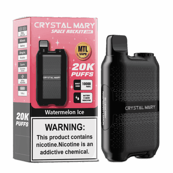 Dispositivo vape descartável Crystal Mary Space Rocket 20K e embalagem para sabor Watermelon Ice, apresentando com destaque um aviso de dependência de nicotina e destaques do produto, como 20.000 baforadas, vape MTL e indicadores de bateria.
