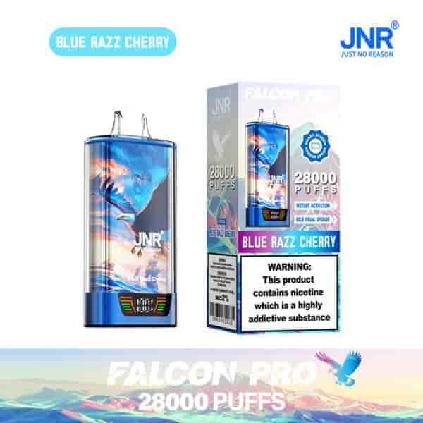 Appareil de vape et emballage JNR Falcon Pro Blue Razz Cherry, comprenant 28 000 bouffées, un motif d'aigle et une étiquette d'avertissement de dépendance à la nicotine.