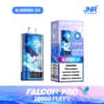 Vape jetable JNR Falcon Pro 28000 Puffs au goût Blueberry Ice, avec un design bleu avec des images de faucon volant, un emballage du produit et une étiquette d'avertissement de dépendance à la nicotine.