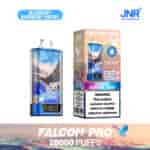 Vape jetable JNR Falcon Pro au goût myrtille, framboise, cerise, avec un motif de faucon illustré, étiqueté pour 28 000 bouffées, avec un avertissement de dépendance à la nicotine sur l'emballage.