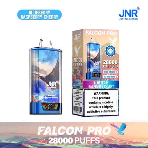 Vape jetable JNR Falcon Pro au goût myrtille, framboise, cerise, avec un motif de faucon illustré, étiqueté pour 28 000 bouffées, avec un avertissement de dépendance à la nicotine sur l'emballage.