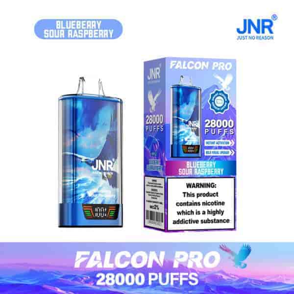 Appareil et emballage de vape JNR Falcon Pro Blueberry Sour Raspberry, mettant en évidence 28 000 bouffées, avec une étiquette d'avertissement indiquant que le produit contient de la nicotine hautement addictive.