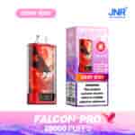 Appareil de vape jetable JNR Falcon Pro Cherry Berry et son emballage, présentant un design rouge vif avec un graphique d'aigle, étiqueté pour 28 000 bouffées et affichant un avertissement de dépendance à la nicotine.
