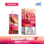 Dispositif et emballage de vape jetable JNR Falcon Pro Cherry Cola, présentant un motif de faucon rouge et orange, étiqueté avec 28 000 bouffées et un avertissement de dépendance à la nicotine.