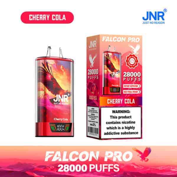Dispositif et emballage de vape jetable JNR Falcon Pro Cherry Cola, présentant un motif de faucon rouge et orange, étiqueté avec 28 000 bouffées et un avertissement de dépendance à la nicotine.