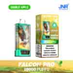 Appareil de vape jetable JNR Falcon Pro Double Apple et emballage avec un motif d'aigle, étiqueté pour 28 000 bouffées et comportant un avertissement sur la nicotine.