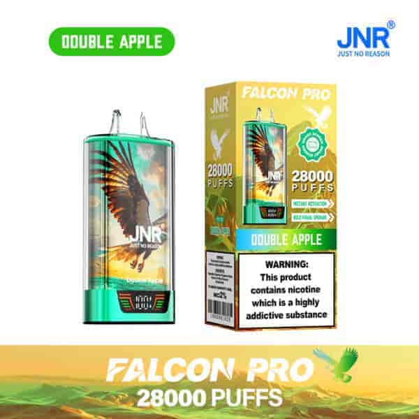 Appareil de vape jetable JNR Falcon Pro Double Apple et emballage avec un motif d'aigle, étiqueté pour 28 000 bouffées et comportant un avertissement sur la nicotine.