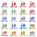 Grille d'images de produits de vape Falcon Pro présentant différentes saveurs, chacune avec des couleurs de boîte et des étiquettes distinctes telles que Cherry Cola, Watermelon Ice, Blueberry Ice, Mixed Berries, Juice Peaches, et plus encore, mettant en évidence 28 000 bouffées et avertissements de produits.