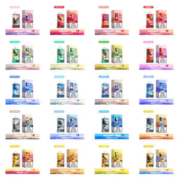 Grille d'images de produits de vape Falcon Pro présentant différentes saveurs, chacune avec des couleurs de boîte et des étiquettes distinctes telles que Cherry Cola, Watermelon Ice, Blueberry Ice, Mixed Berries, Juice Peaches, et plus encore, mettant en évidence 28 000 bouffées et avertissements de produits.